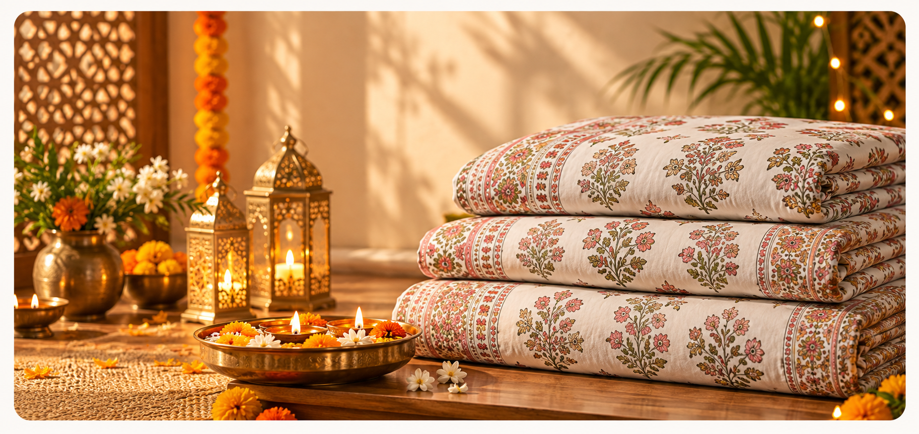 Stack of hand block-printed Sanganeri bedsheets lit by festive lamps