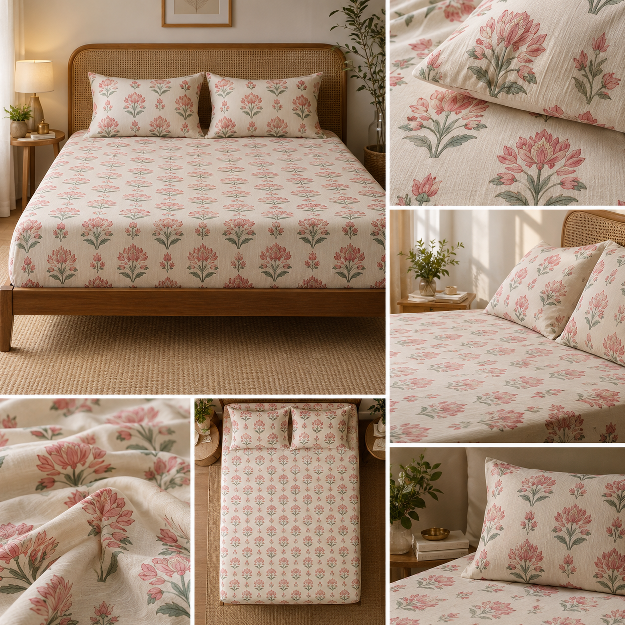 Neela Jaal hand block printed bedsheet styled on a bed