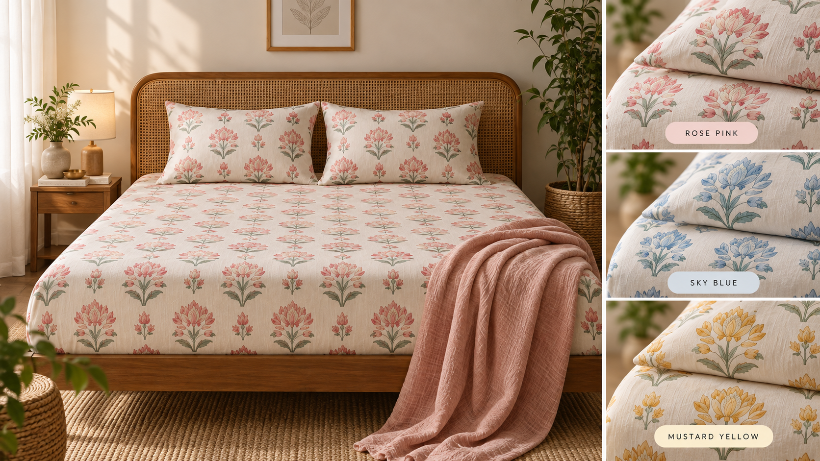Neela Jaal bedsheet styled on a bed
